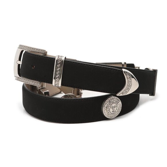 Vintage Avanti Leather Medusa Head Belt Silver Chain Black Italy Metal Hardware - Picture 7 of 13